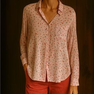 Velvet Heart Pink Heels Hearts Button Down High Low Blouse Size Medium